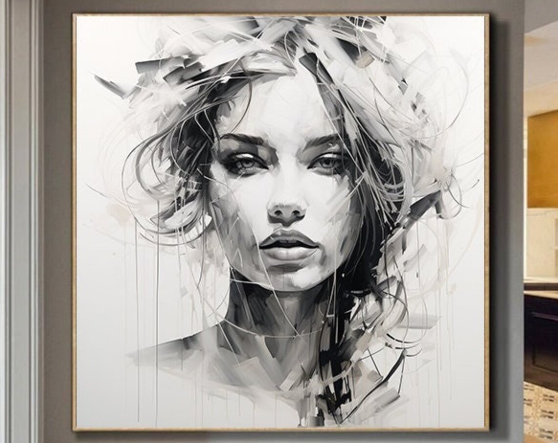 Monochrome Woman Face Expressive Sketch Portrait Ink Art Poster