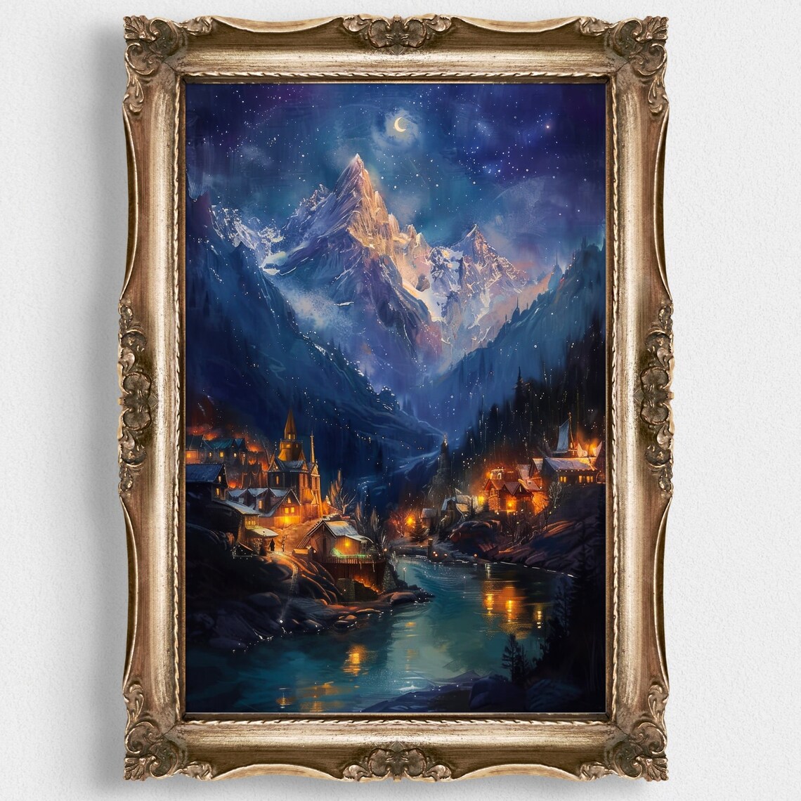 Glowing Alpine Village at Night Under Snowy Peaks Starry Poster