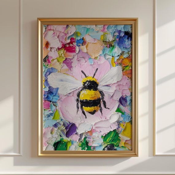 Honey Bee Painting Colorful Bumblebee Art On Flowers Original Miniature Artwork 3d Impasto Oil Painting Vibrant Floral Wall Decor