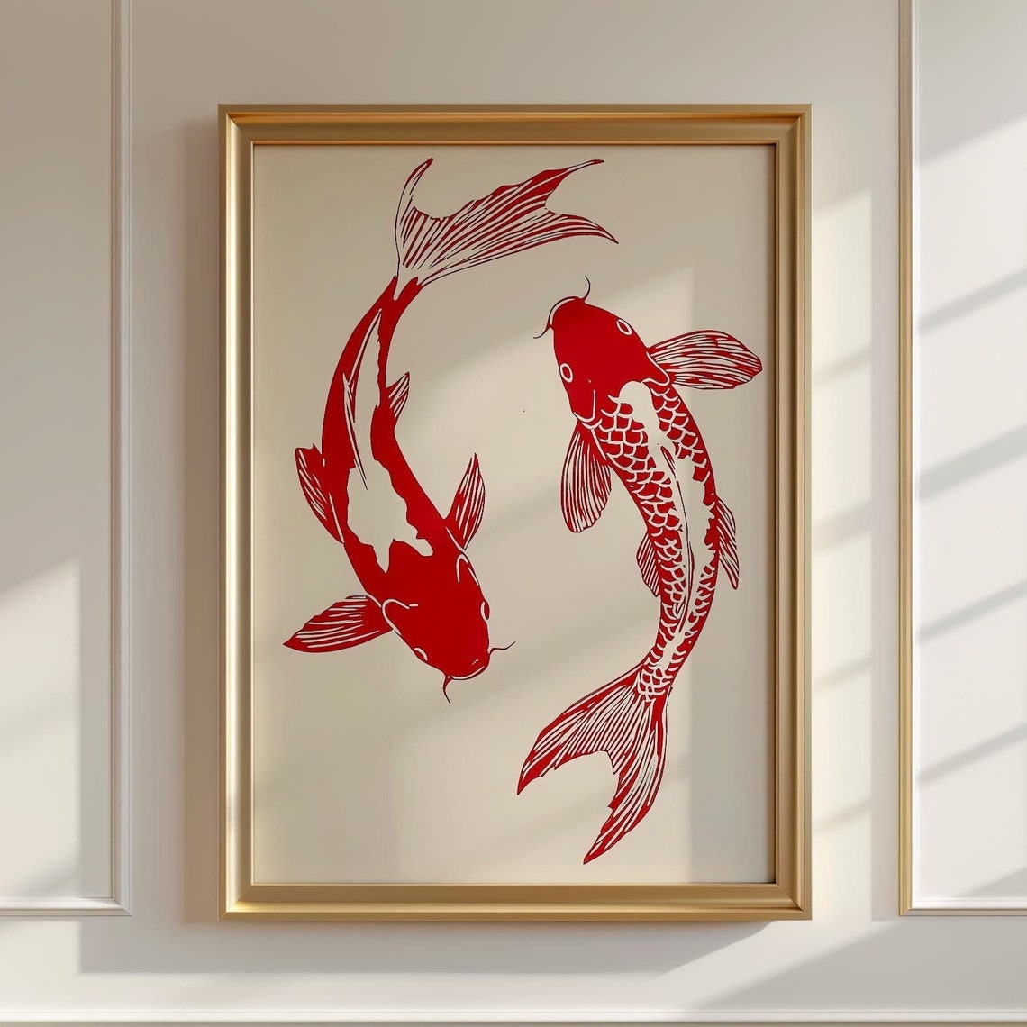 Two Red Koi Fish Dancing Bold Graphic Minimal Japanese Fish Art Poster