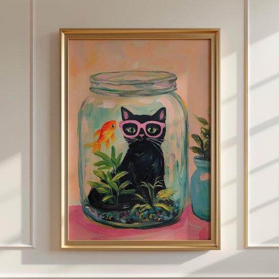 Matisse Inspired Black Cat With Goldfish in a Jar Whimsical Art Poster