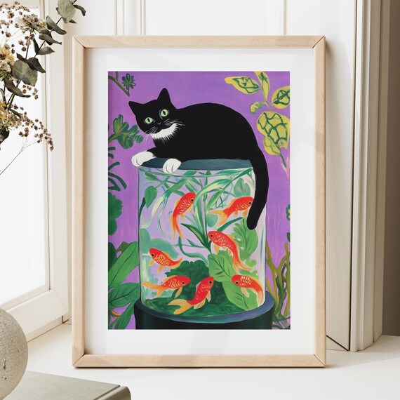 Matisse Goldfish Print Famous Painting With Cat Twist Black Cat Mischief Print Defaced Art With Cat Funny Quirky Cat And Fish Decor