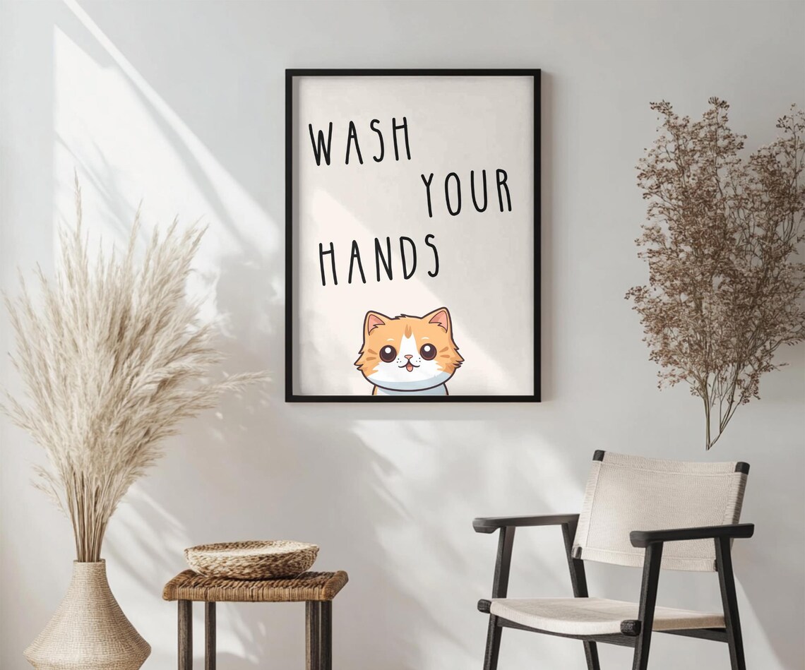 Wash Your Hands Cute Orange Cat Kawaii Bathroom Decor Poster - Image 3
