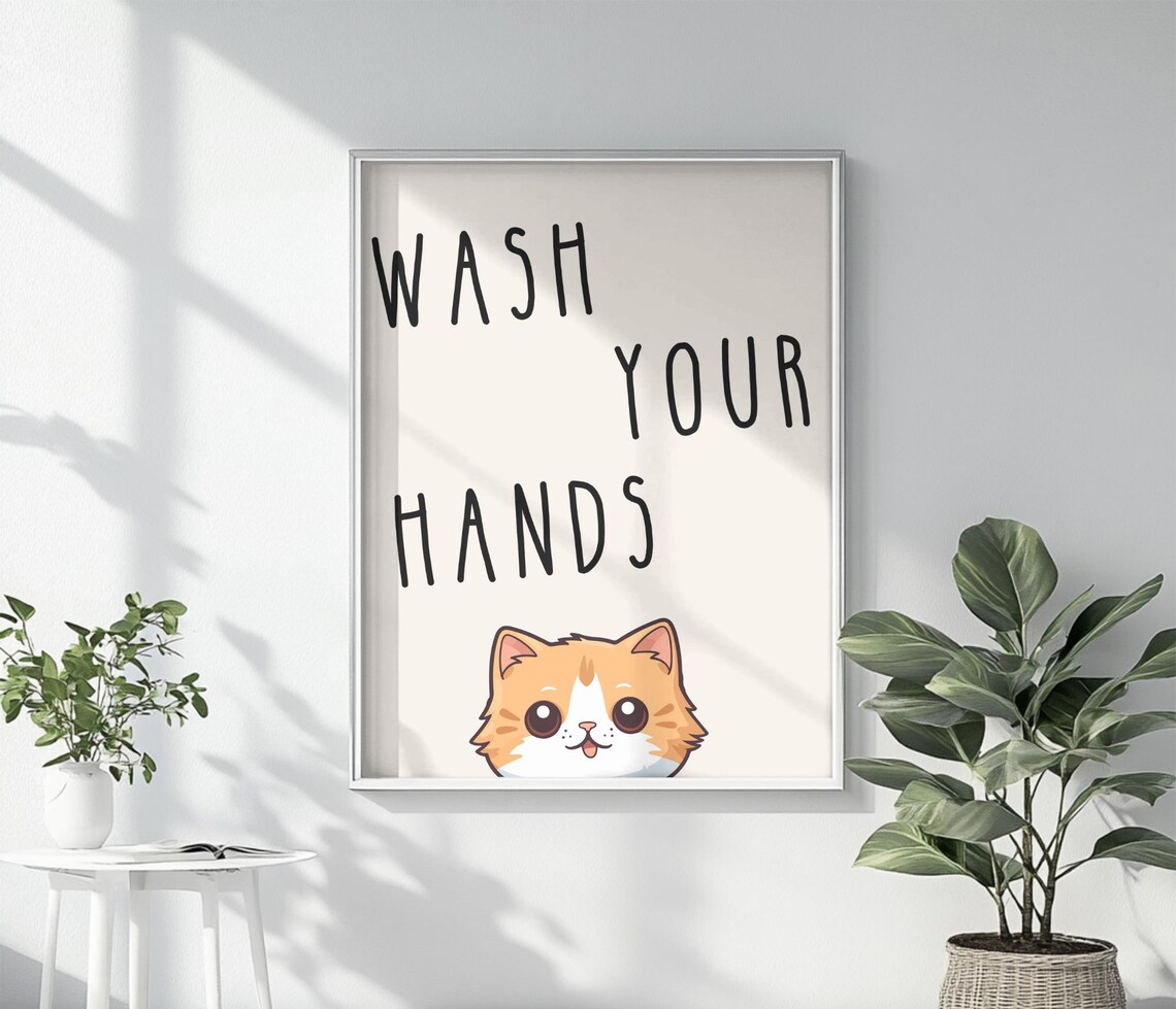 Wash Your Hands Cute Orange Cat Kawaii Bathroom Decor Poster - Image 4