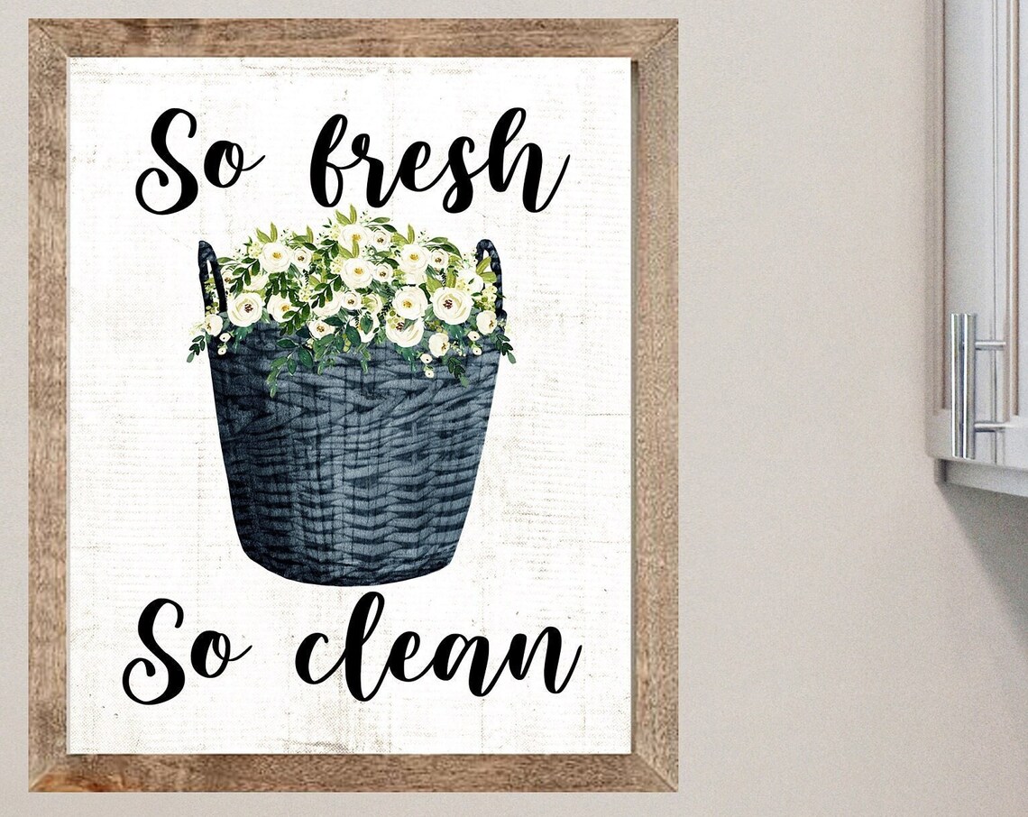 So Fresh So Clean Navy Laundry Basket Floral Farmhouse Poster