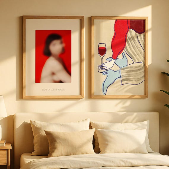 Set Of 2 Wall Art Prints Minimalist Red And Line Posters Modern Gallery Elegant Bedroom Decor Deco