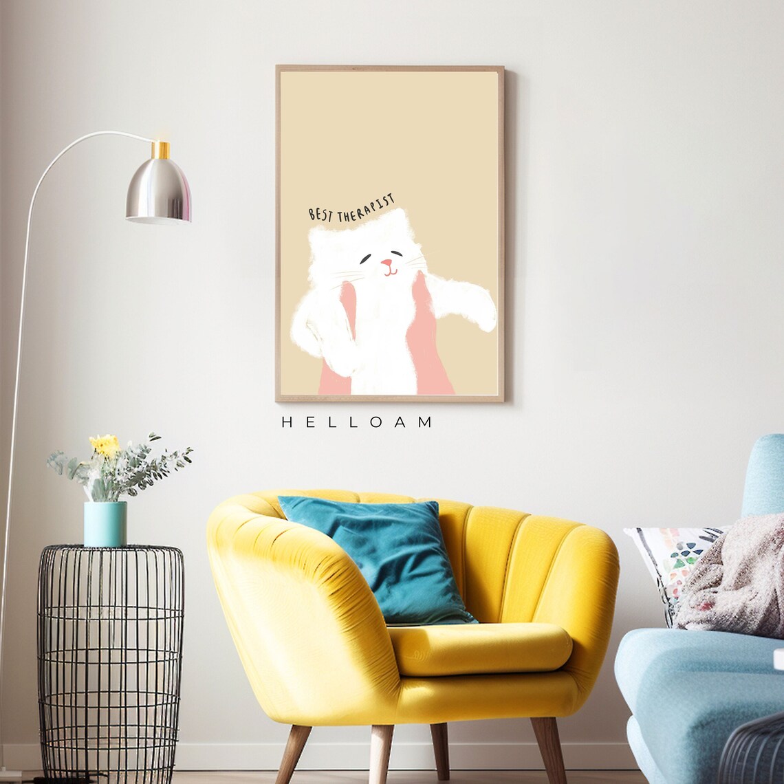 Best Therapist Funny White Cat Held in Hands Dark Navy Therapy Wall Art - Image 4