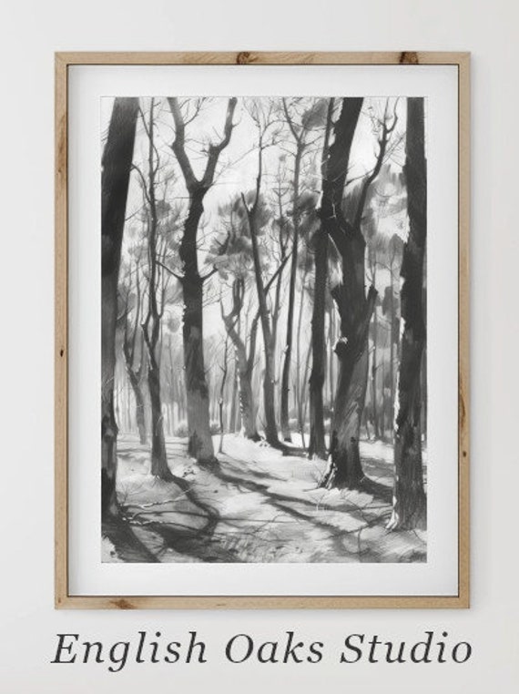 Rustic Neutral Forest Landscape Sketch Wall Art Vintage Landscape Drawing Wall Art 01