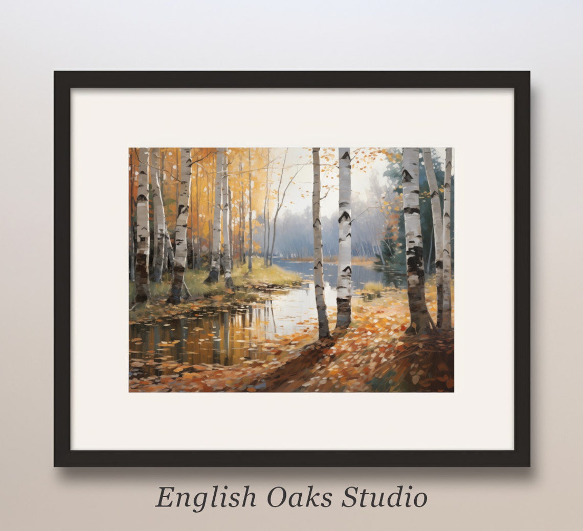Rustic Fall Riverside Birch Forest Landscape Oil Painting River Front Birch Trees Wall Art