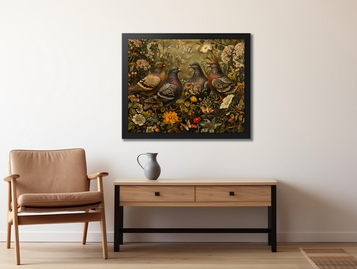 Four Pigeons Among Dark Moody Floral Garden Vintage Art Poster - Image 2