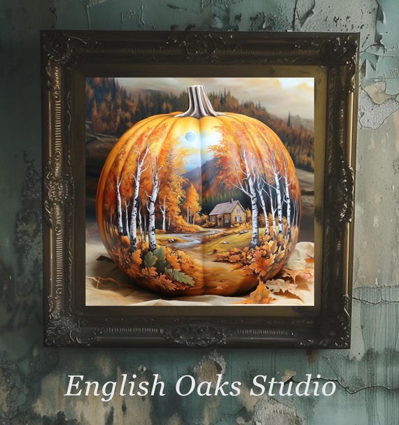 Moody Rustic Autumn Landscape With A Cottage Painted On An Orange Pumpkin On A White Cloth Print Fall Harvest Season Landscape Still Life