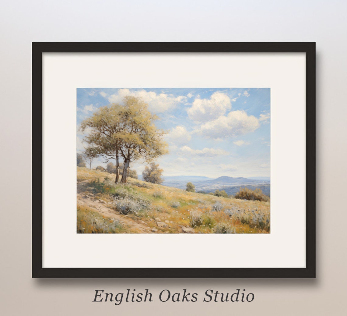Lone Oak Tree on Golden Summer Hillside Overlooking Valley Art Print