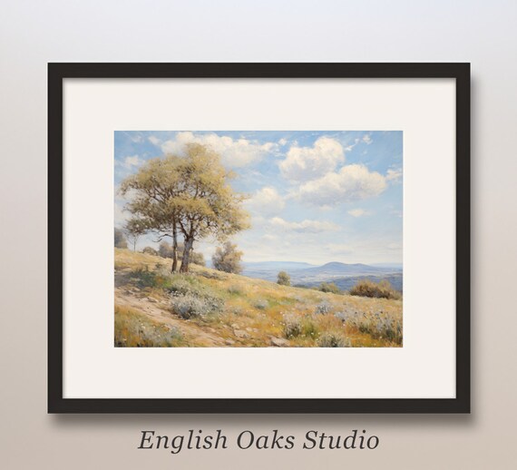 Lone Oak Tree on Golden Summer Hillside Overlooking Valley Art Print