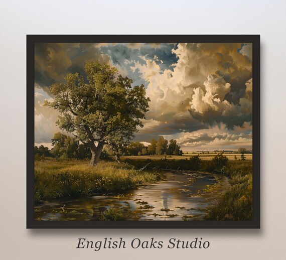 Moody River Landscape With Old Tree Under Dramatic Cloudy Sky Poster