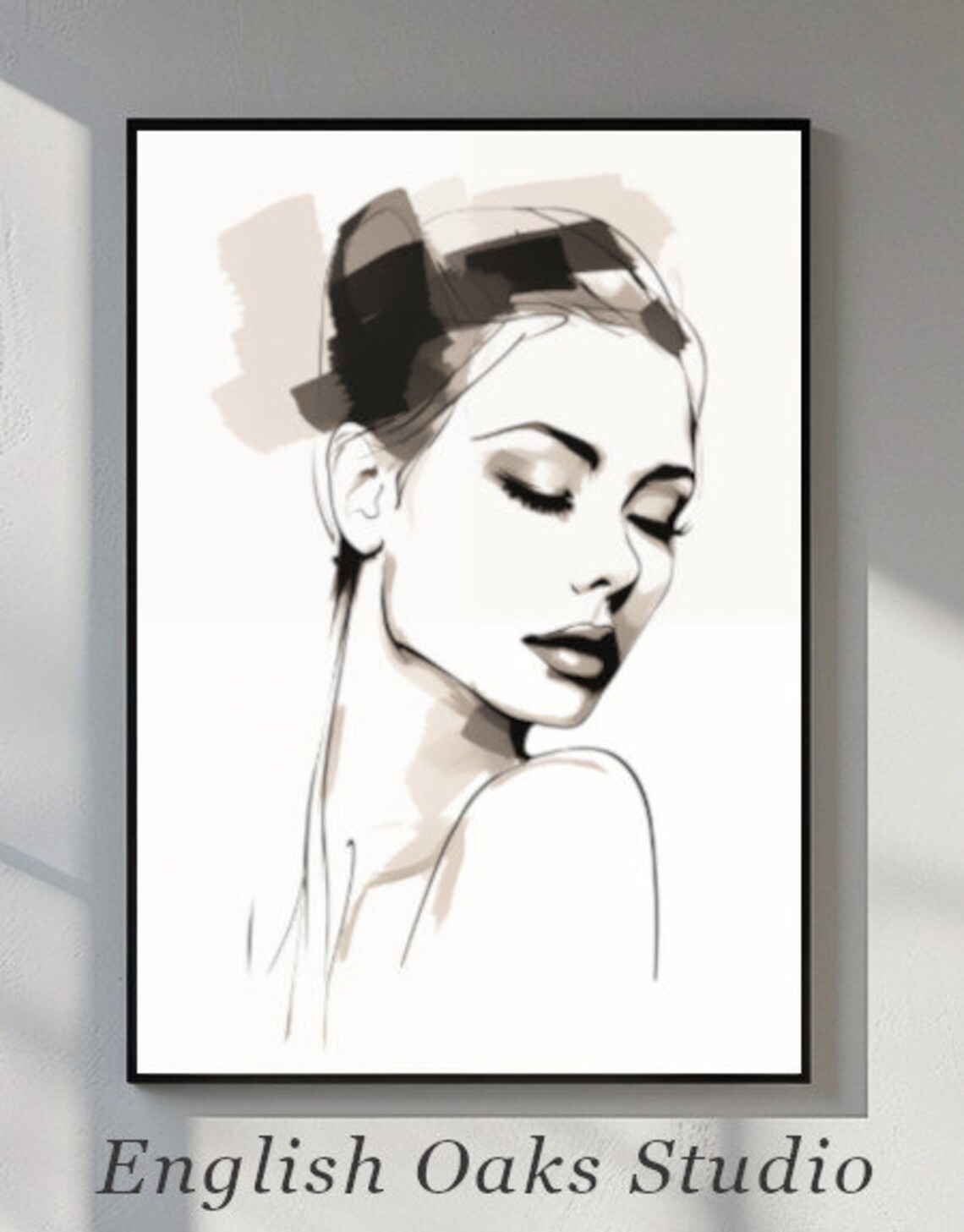 Elegant Neutral Minimalist Woman Portrait Fine Line Sketch Wall Art
