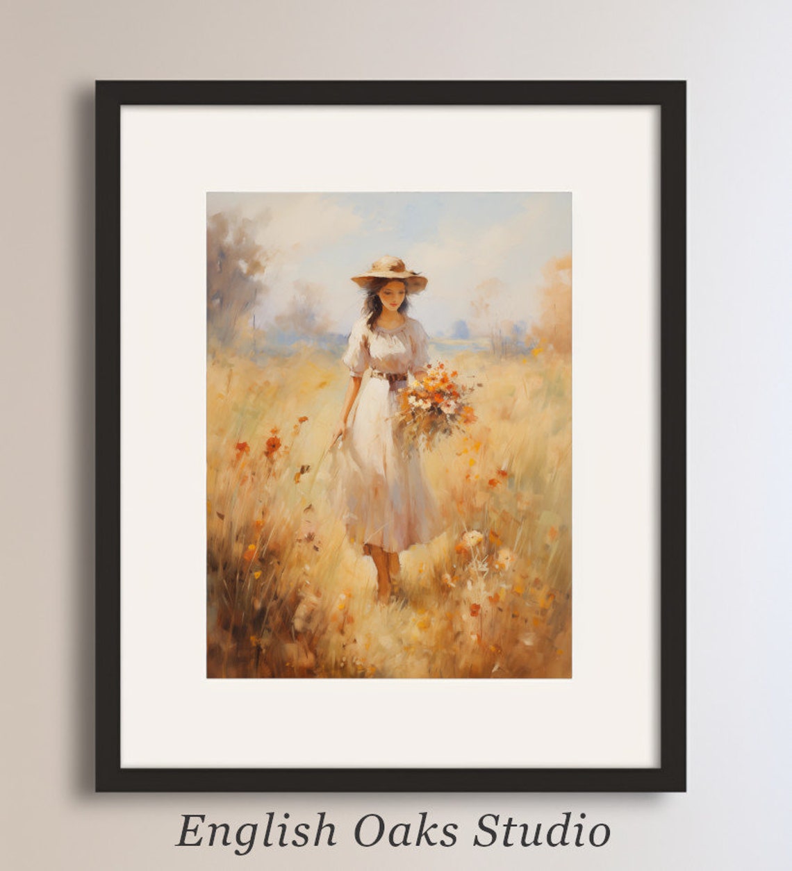 Vintage Landscape Wall Art Painting Of A Girl Walking Through A Field Of Wildflowers Late Summer Early Autumn Rustic Landscape Art Print