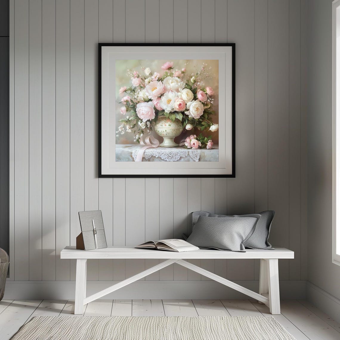 Soft Pink And White Peony Bouquet In Ceramic Vase Floral Art Poster