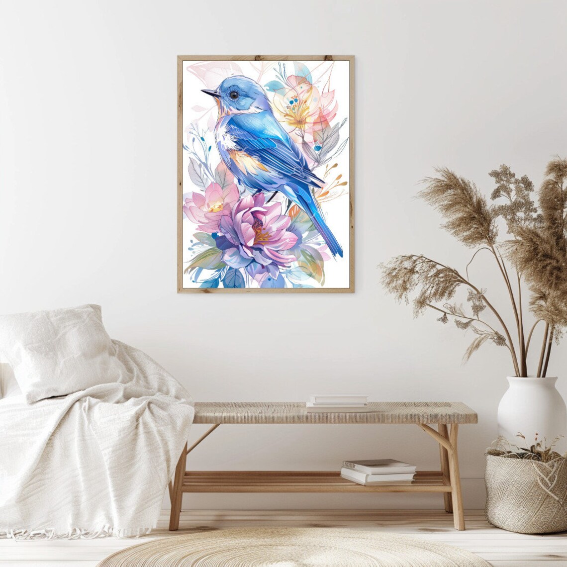 Blue Bird Flowers Watercolor Bird Botanical Art Print - Image 2
