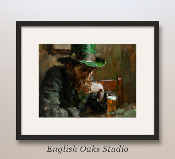 St Patricks Day Man At The Pub Drinking A Beer Print Vintage Irish Man Painting