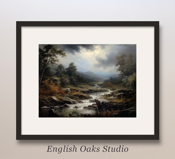 Vintage Moody River Landscape Oil Painting Rustic Cloudy Riverside Wall Art