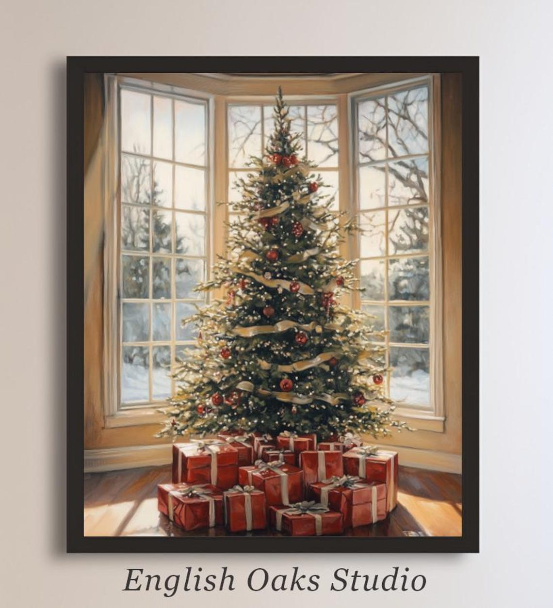 Decorated Christmas Tree with Red Gifts by Bright Bay Window Poster