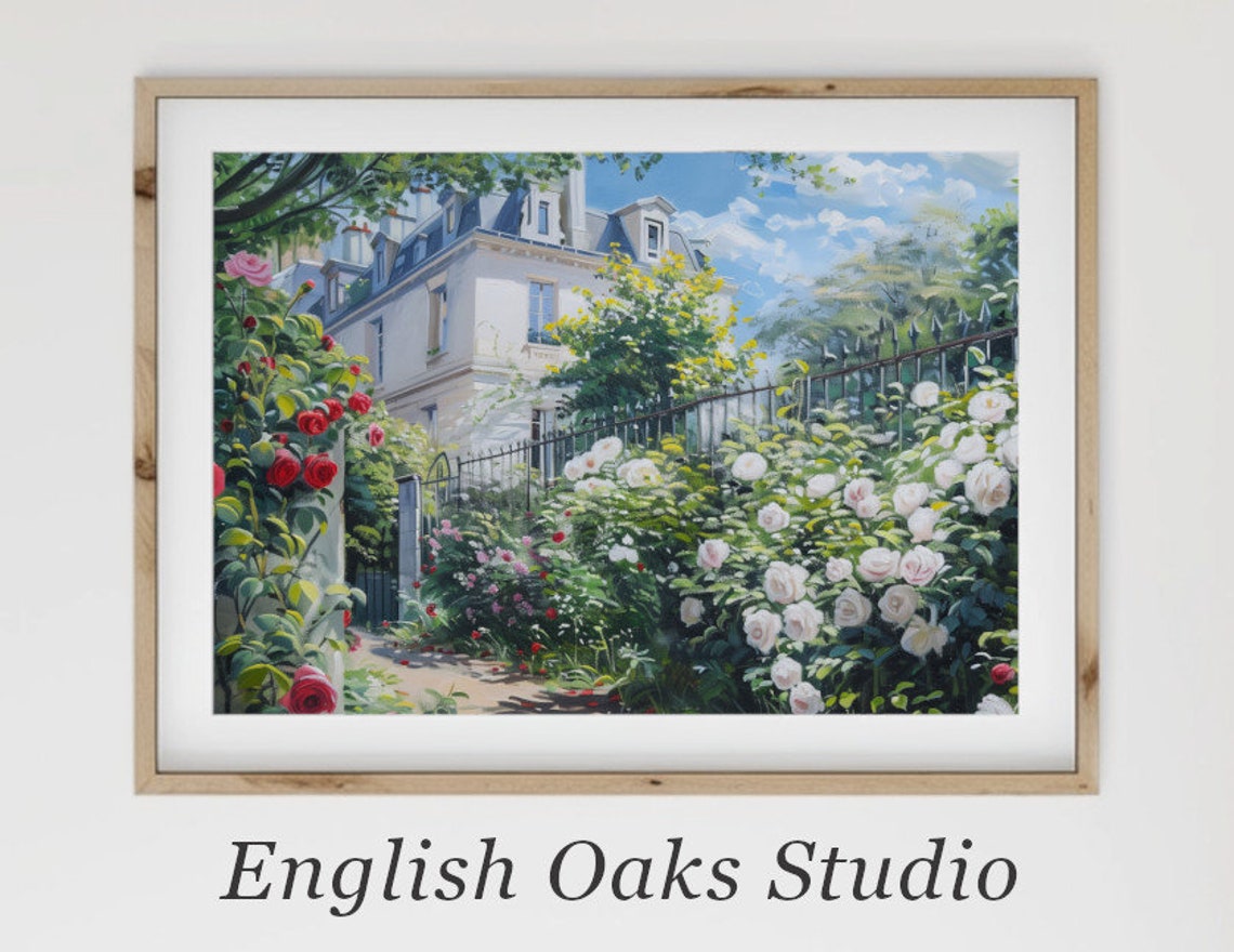 French Country House Rose Garden White Mansion Floral Landscape Poster