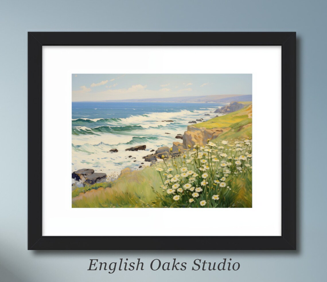 Summer Day With Daisies At The Rocky Seaside Cliffs Oil Poster