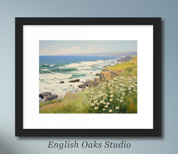 Summer Day With Daisies At The Rocky Seaside Cliffs Oil Poster