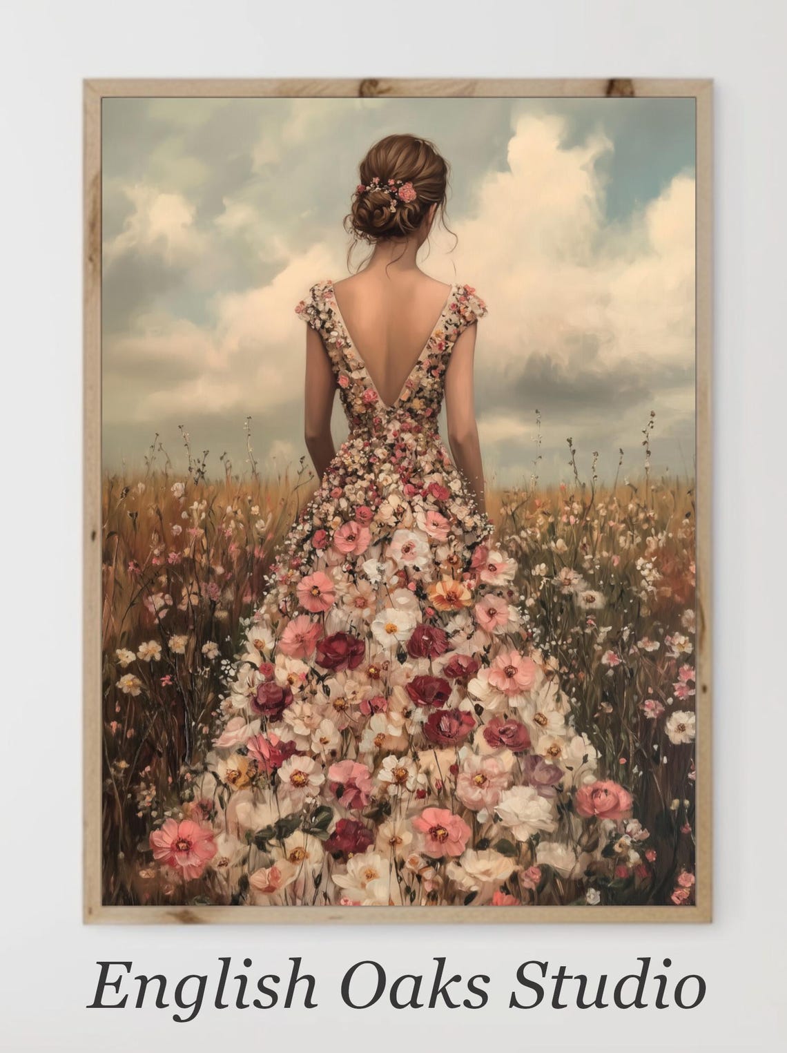 Moody Wildflower Field With A Woman In A Flower Dress Print Vintage Boho Aesthetic Field Of Flowers Girl In Floral Gown Painting - Image 2