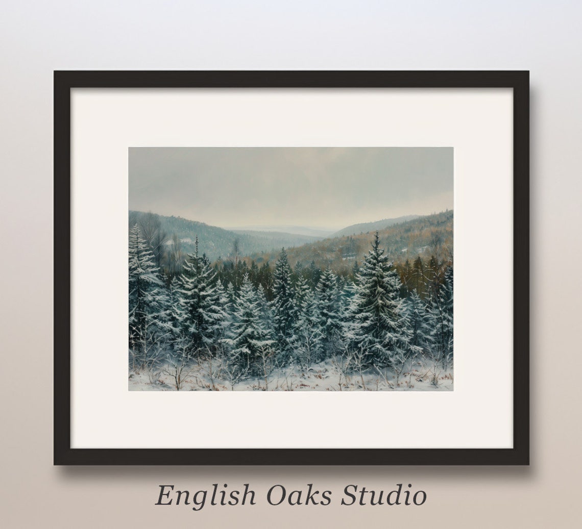 Snowy Pine Forest Winter Landscape Painting Misty Mountains Poster
