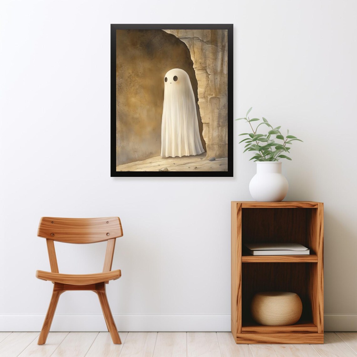 Cute Ghost Cave Stone Walls Moody Muted Tones Spooky Season Art Poster - Image 2