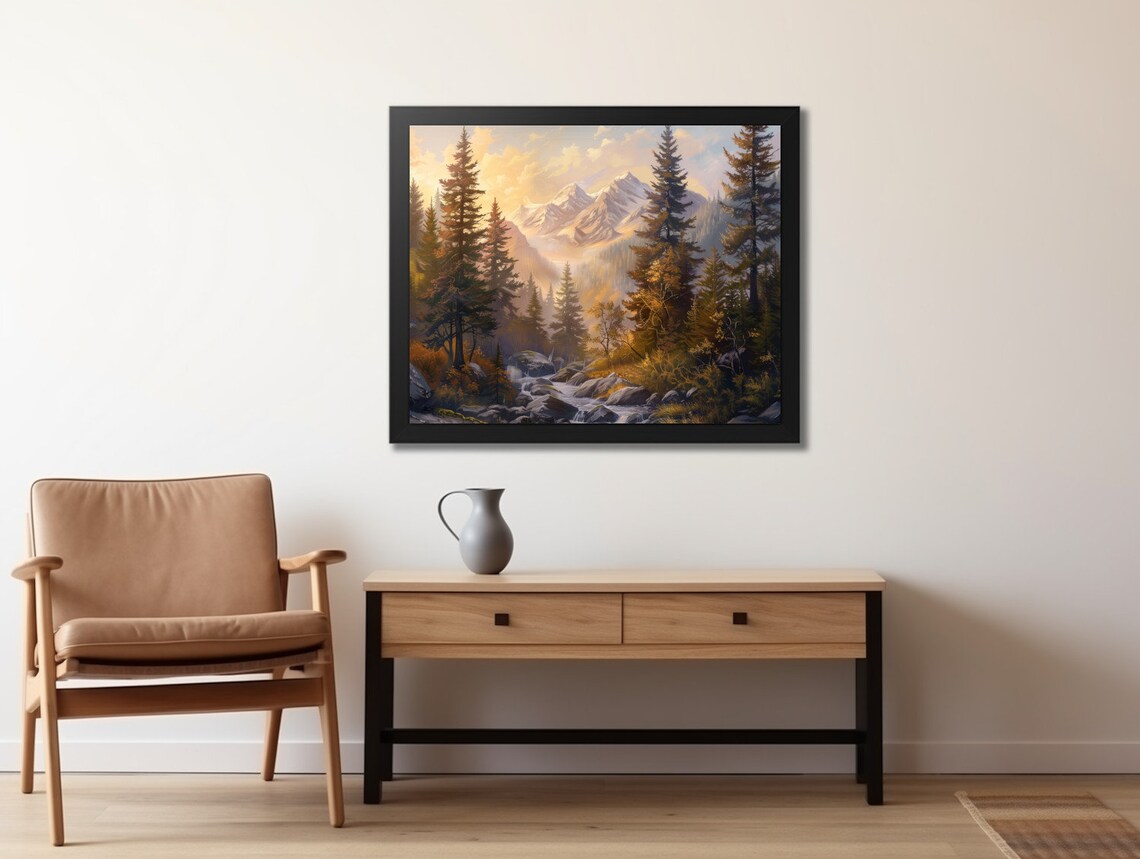Golden Sunset Mountain Stream Painting Pines Rocky Creek Poster - Image 2