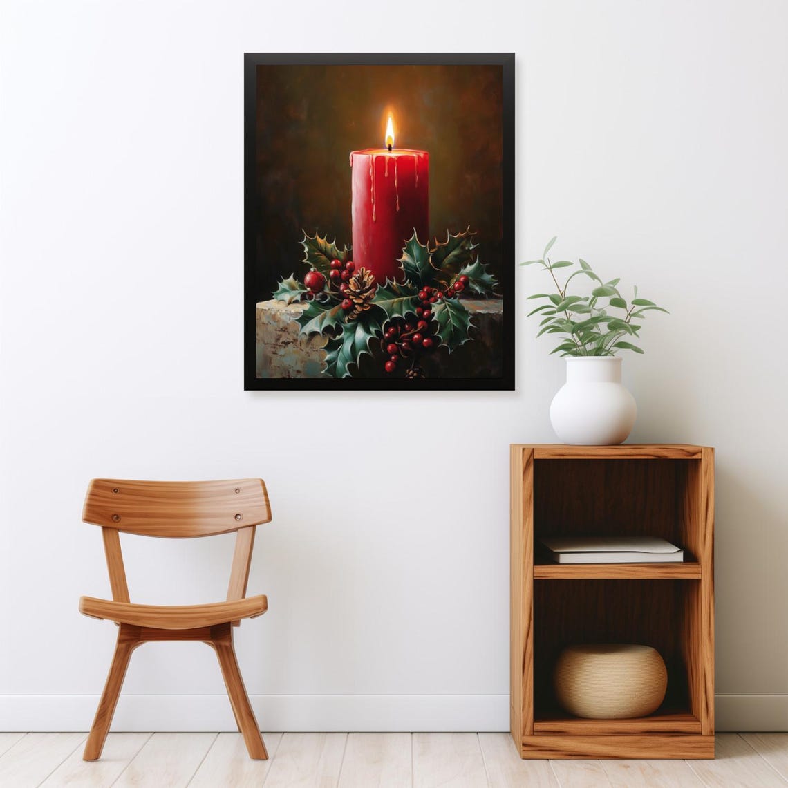 Glowing Red Pillar Candle With Holly Berries And Pinecone Poster - Image 2