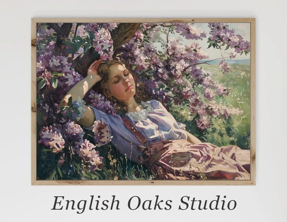 Girl Sleeping Under A Tree With Purple Blooms Print Farmhouse Vintage Painting Of A Woman Under A Blooming Tree In The Country Side