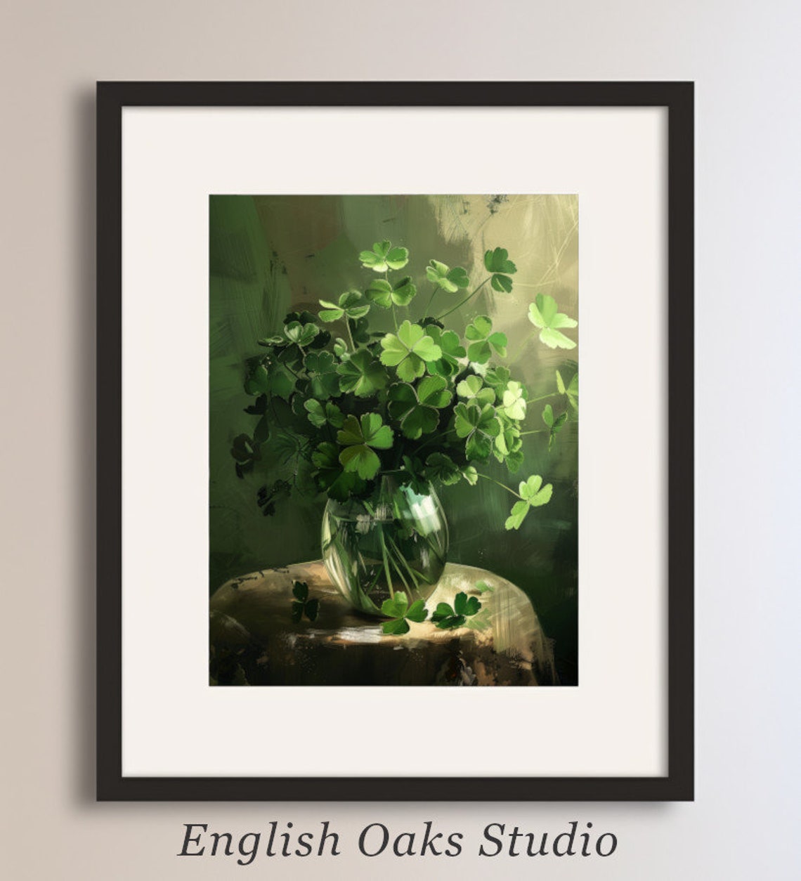 Shamrock Bouquet in Glass Vase St Patricks Day Botanical Wall Art