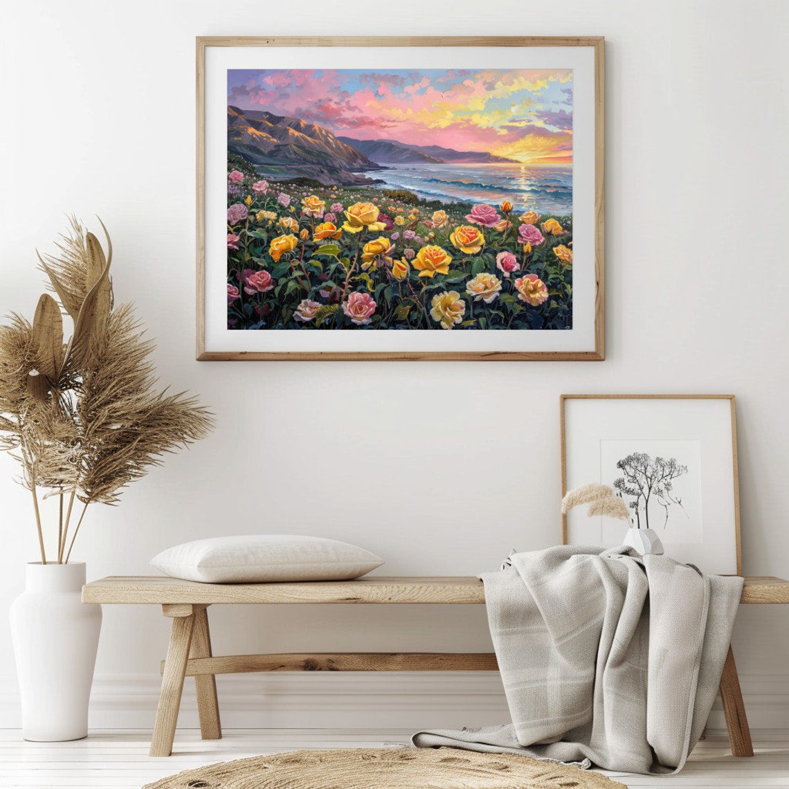 Coastal Sunset Rose Garden Yellow Pink Roses Ocean View Poster - Image 2