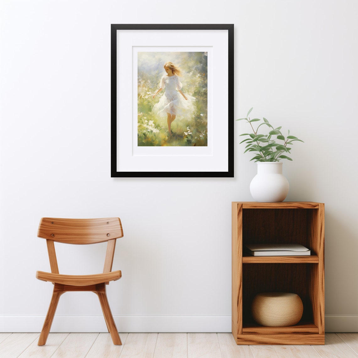 Blonde Girl Walking Through Sunlit Wildflower Meadow Art Poster - Image 2