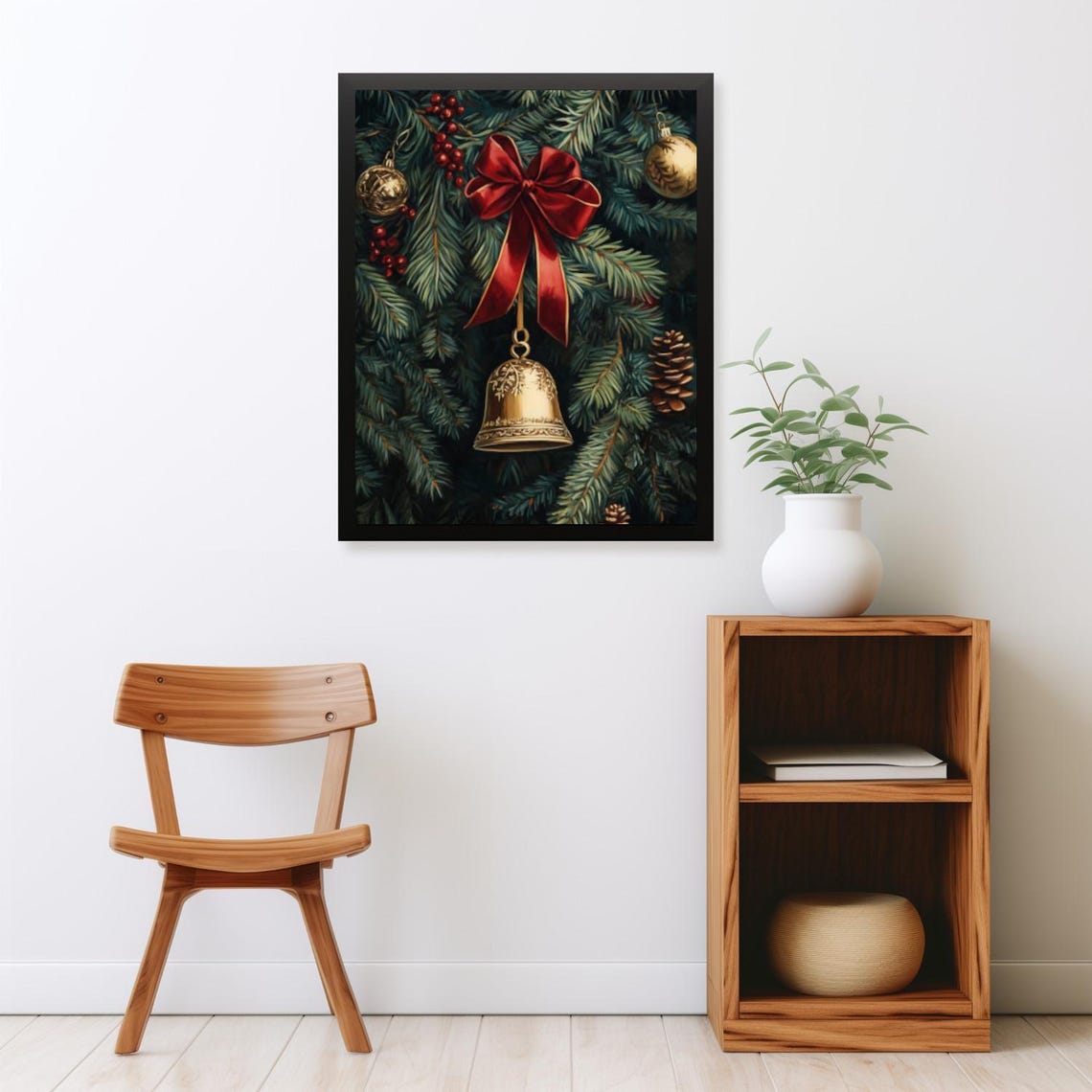 Golden Bell With Red Bow Among Pine Branches Christmas Poster - Image 2