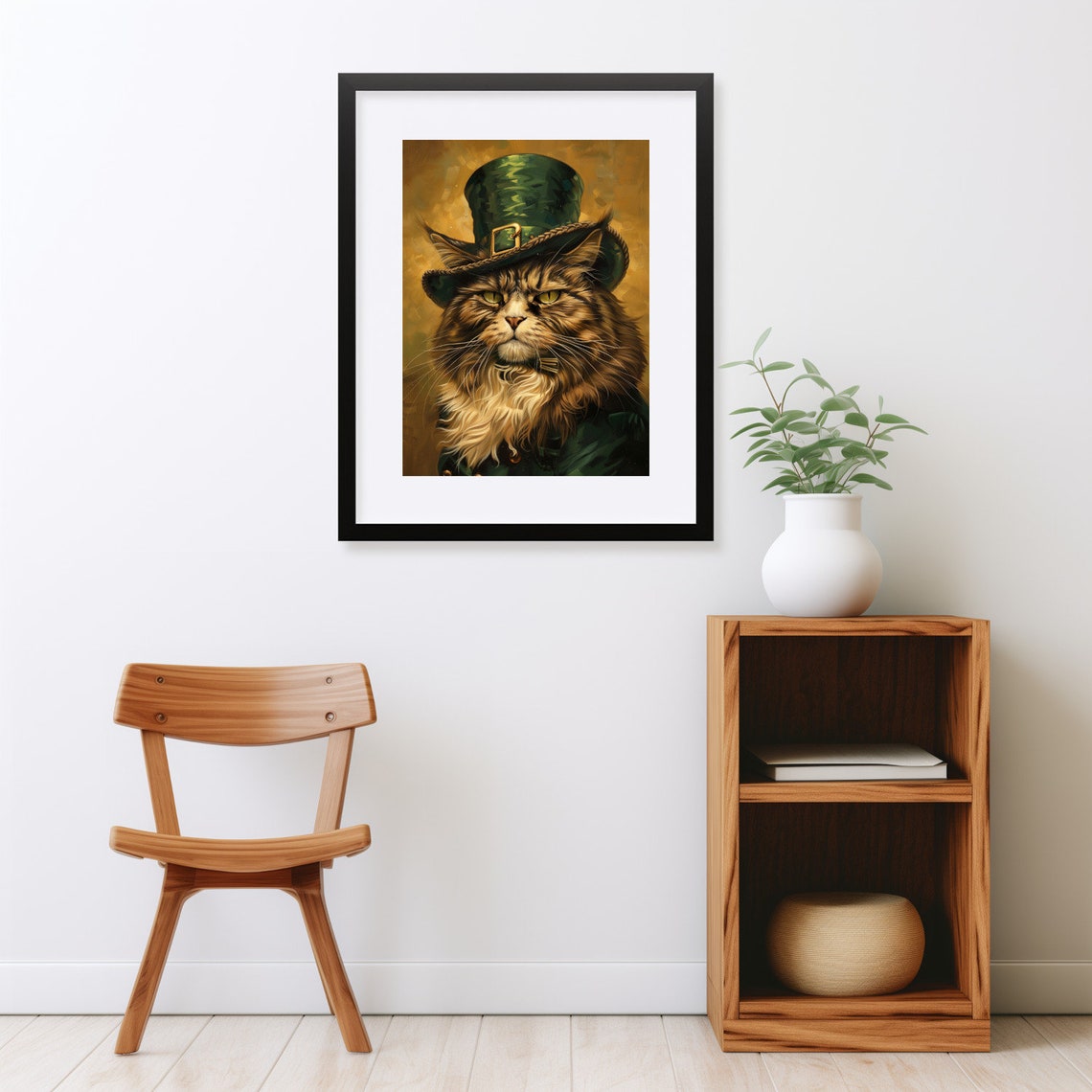 Grumpy Long Haired Cat in Green Hat St Patricks Day Funny Wall Art - Image 2