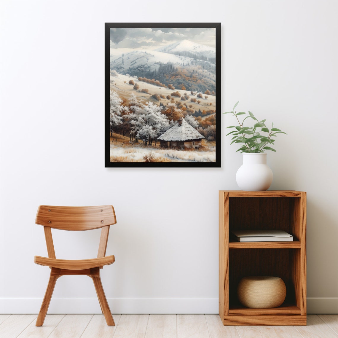 First Snow Mountain Cabin Frosted Trees Rustic Winter Valley Poster - Image 2