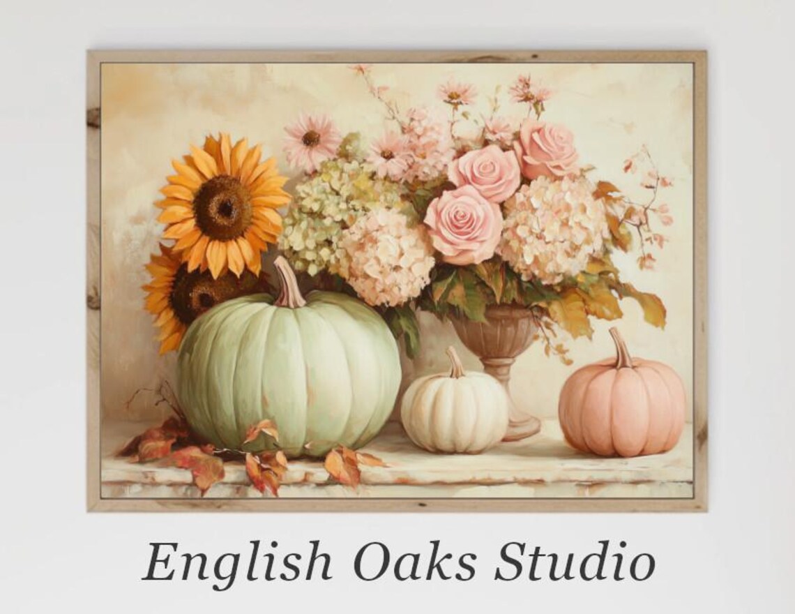 Pastel Pumpkins Sunflowers and Roses in Urn Fall Floral Still Life Poster