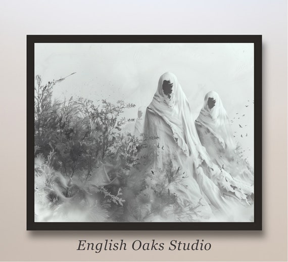 Moody Black And White Spooky Ghosts Walking Near Tall Grasses Vintage Halloween Print Ghost Halloween Painting Dark Cottagecore Decor