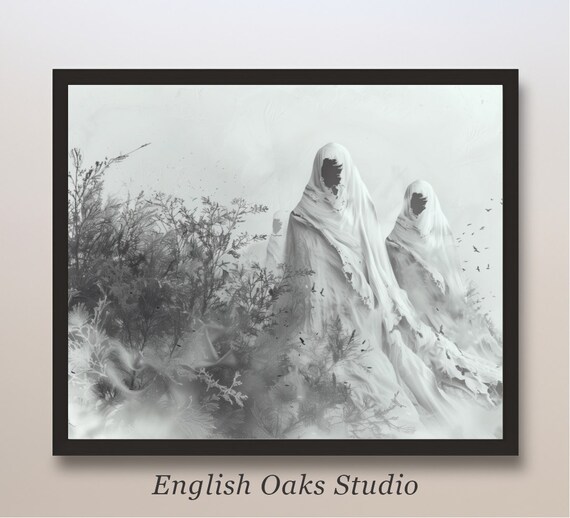 Two Shrouded Ghosts in Tall Grasses Black and White Spooky Art Poster