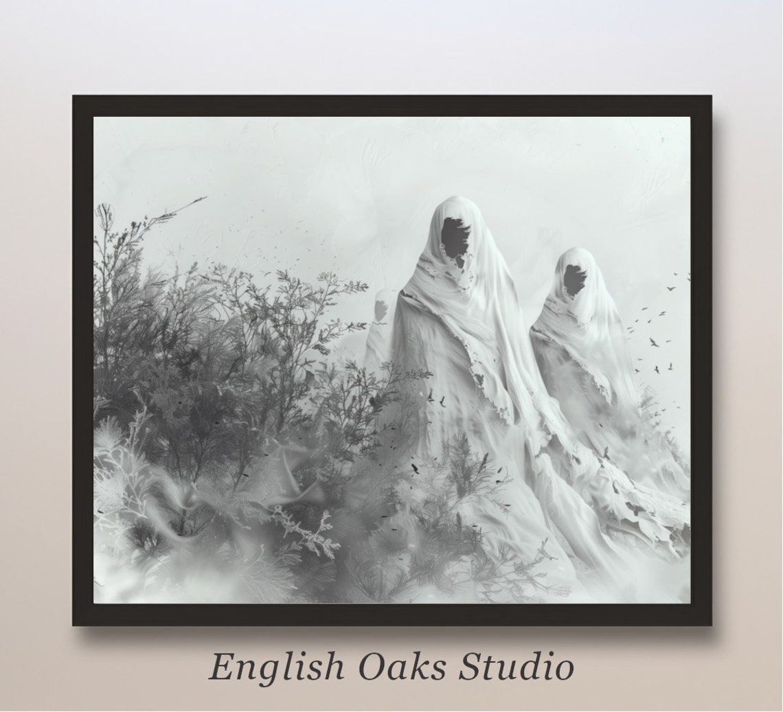 Two Shrouded Ghosts in Tall Grasses Black and White Spooky Art Poster