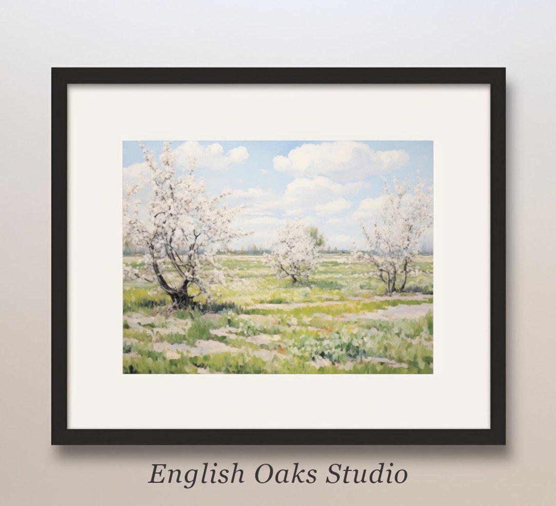 Blooming White Trees in Spring Meadow Fresh Pastel Orchard Poster