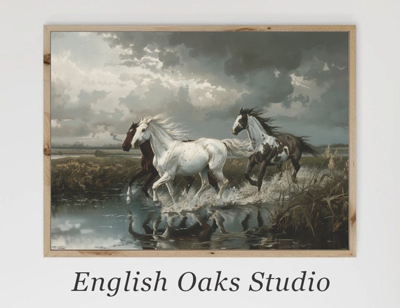 Moody Vintage Summer Western Landscape Painting Antique Wild Horses Running Water Spring Print 02