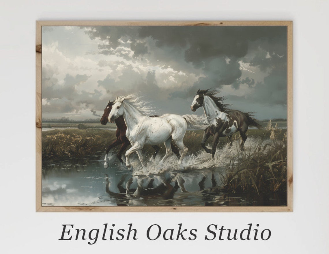 Three Wild Horses Galloping Stormy Marsh Water Dramatic Equine Poster