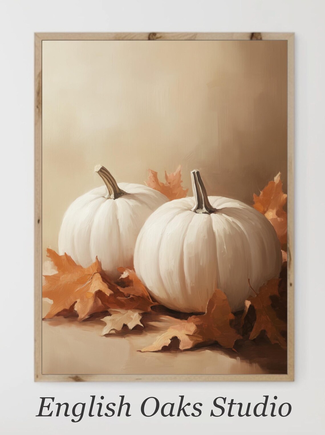 Two White Pumpkins with Orange Maple Leaves Minimal Fall Still Life Poster