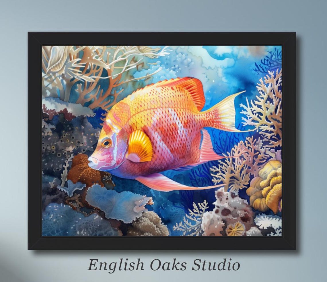 Orange And Pink Tropical Fish Among Corals Ocean Watercolor Art Poster