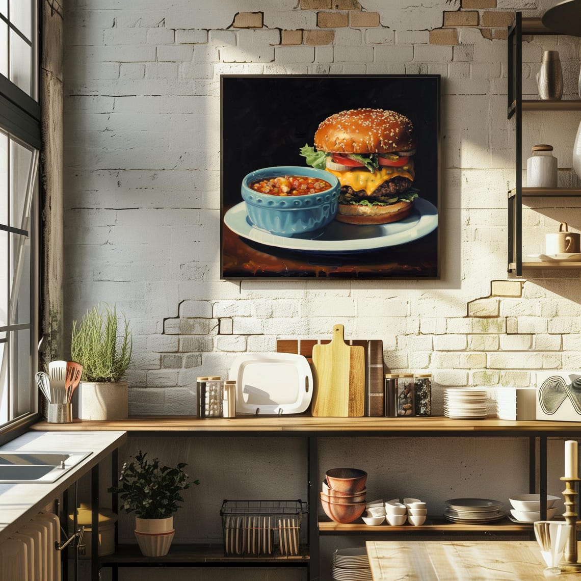 Cheeseburger with Soup Bowl Classic American Diner Art Poster - Image 2